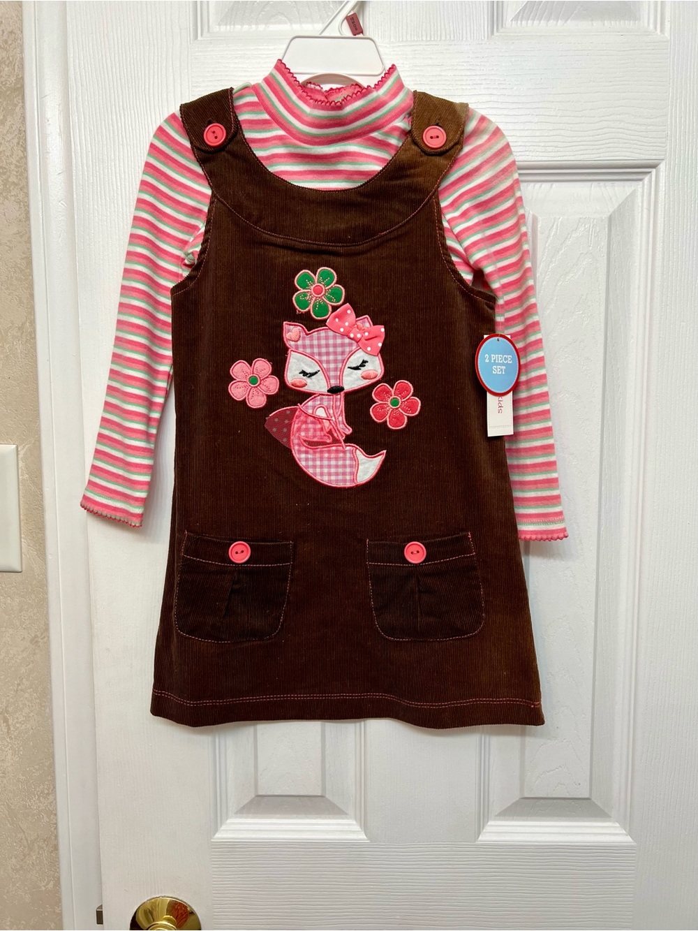 Brown Corduroy Fox Jumper Dress with Pink Striped Turtleneck Set
